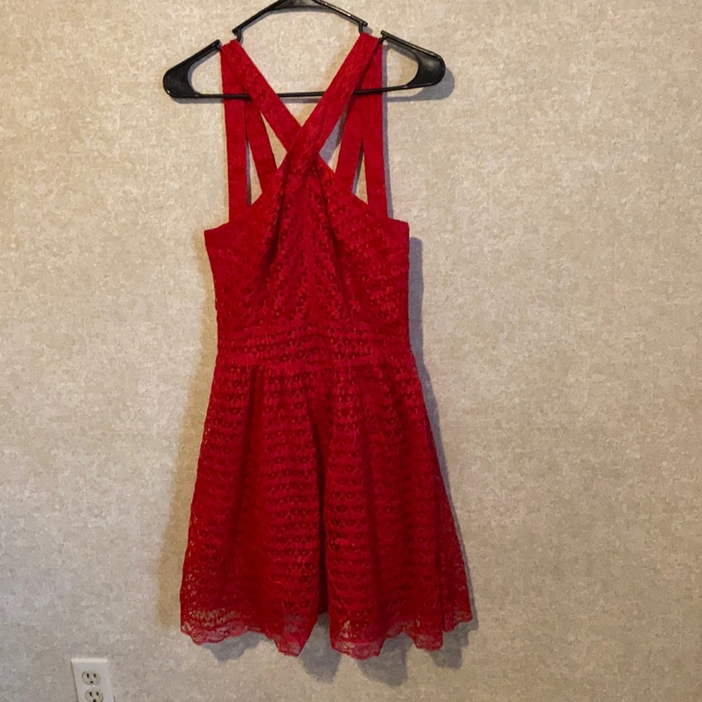Red Cross Neck Lace Fit n Flare Dress